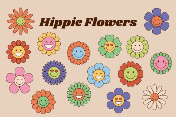Download Hippie Flowers, Retro Flowers with Faces - Hippie Collection