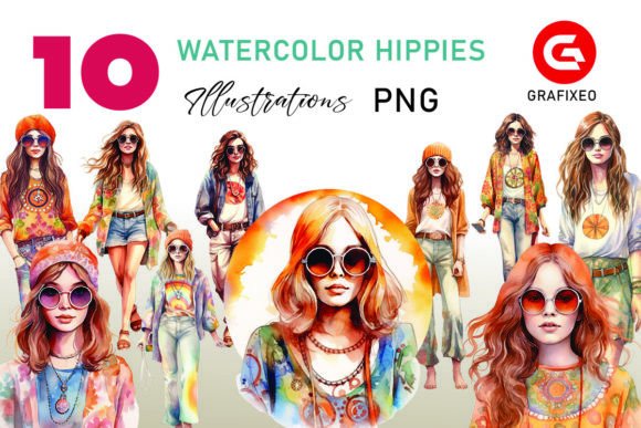 Download Hippie Girls 60s Watercolor Illustration - Premium Resources